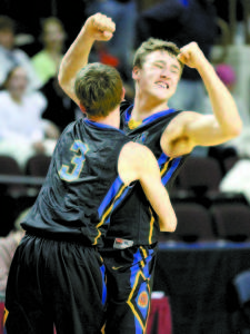 SWEET PAYBACK â€” After Yarmouth whalloped Lake Region a few weeks ago, the Lakers dished out some payback in the Class B West semifinals, upending the Clippers 52-50. Celebrating the win are Tyler Walker (left) and Jackson Lesure. (Rivet Photo)